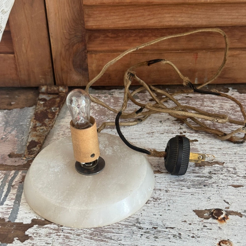 Vintage Alabaster Stone Table Lamp Leviton Socket Cloth Cord Industrial Accent